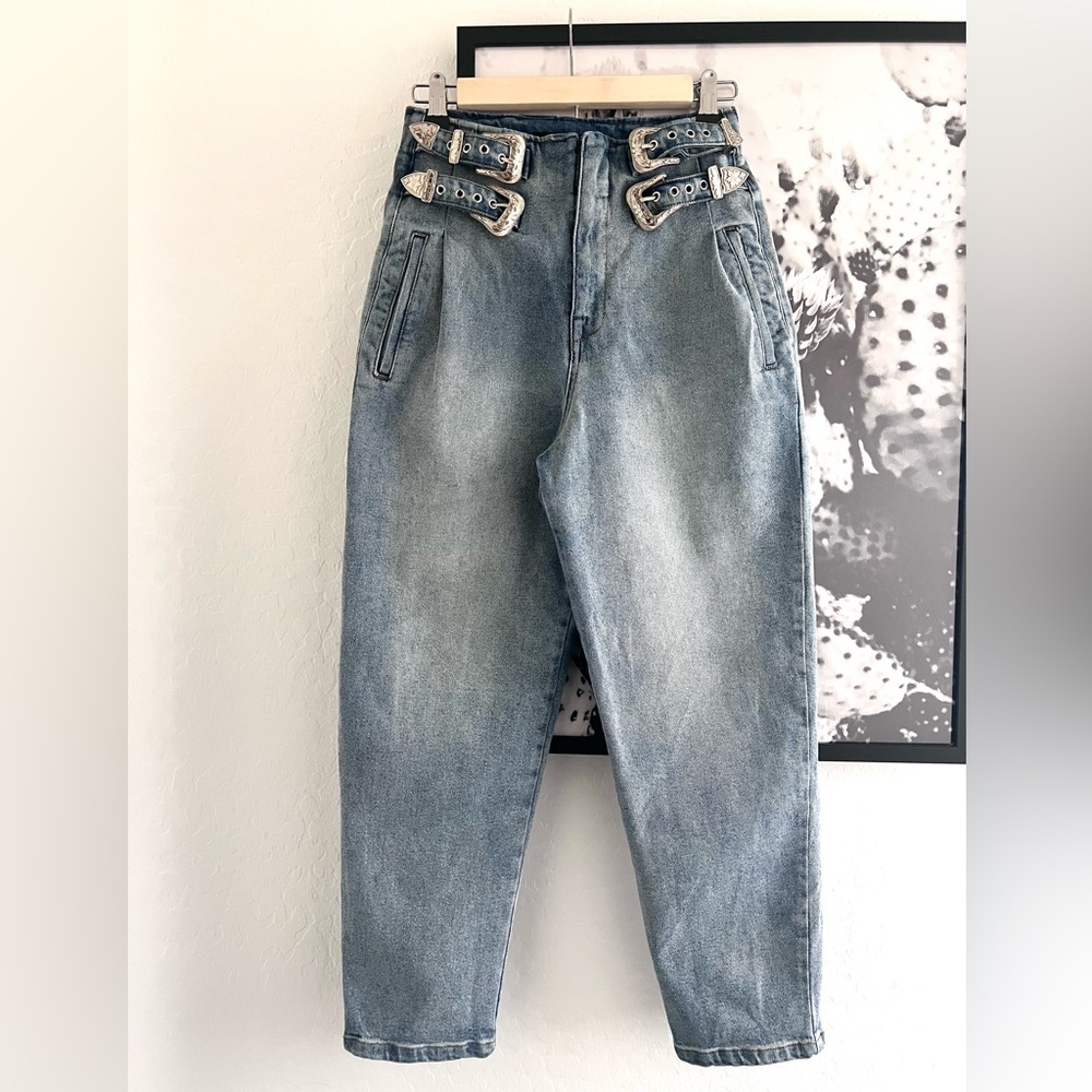 Nicole Lynel Western Buckled High Rise Ankle Mom Jeans Pants size Small